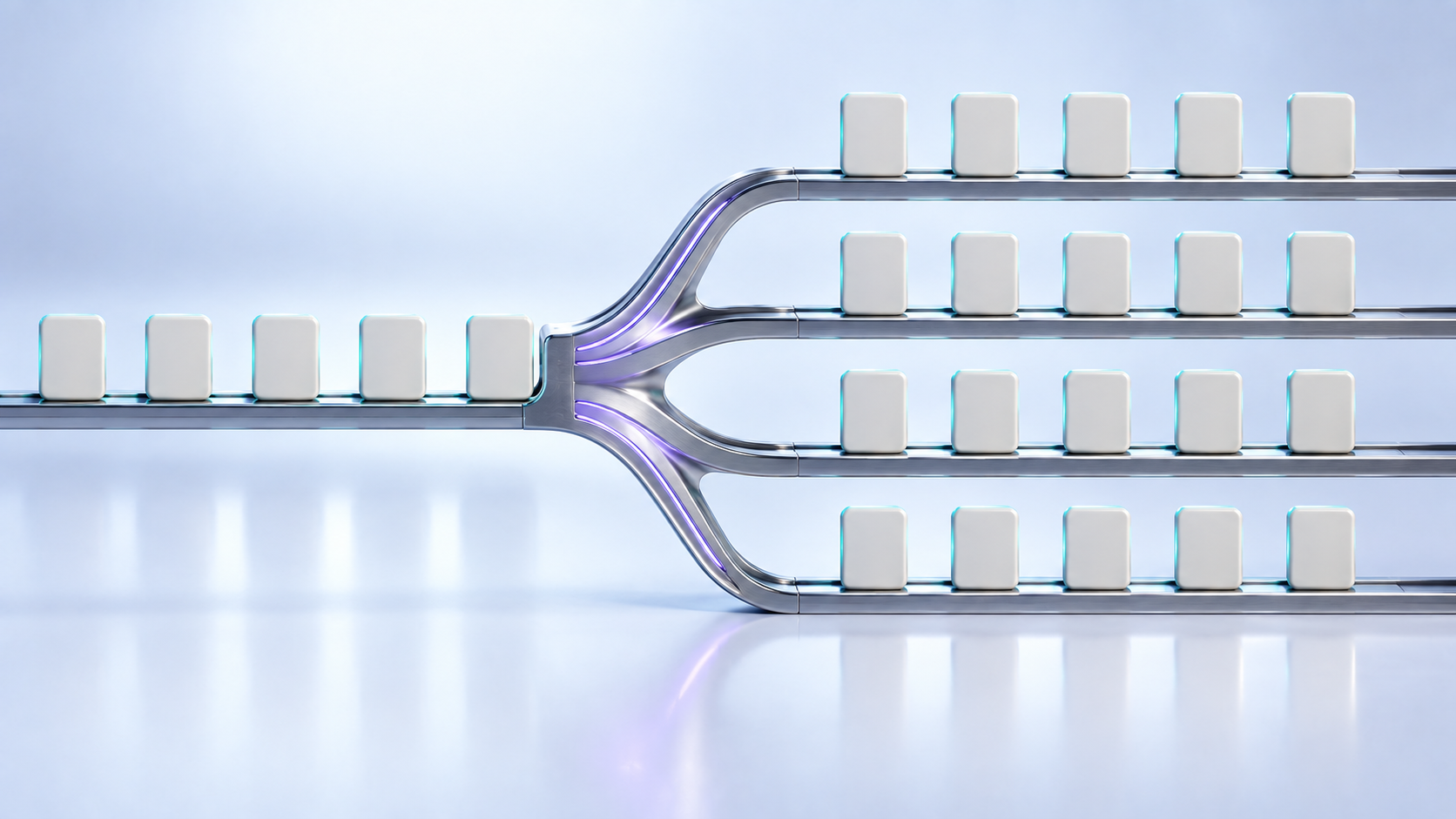 One polished rail divides into four branches carrying equal rows of white ceramic tokens, with violet light at the junction.