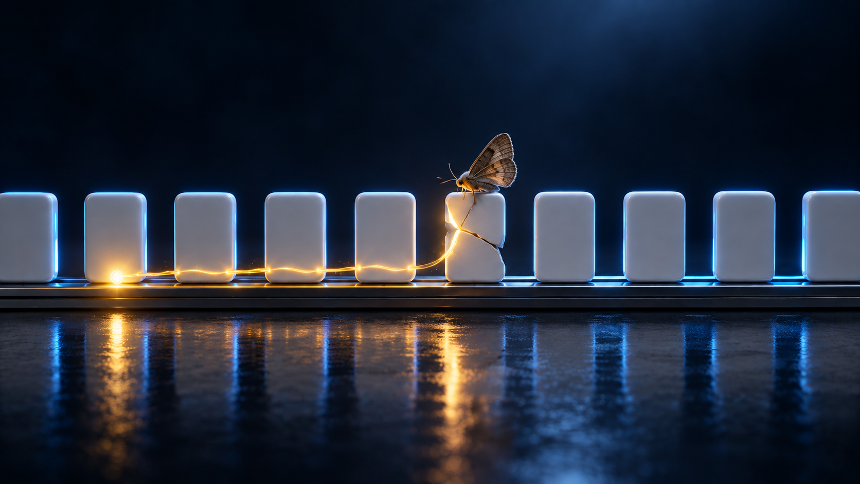 A moth rests on a fractured ceramic token in a blue-lit queue; an amber filament traces backward to a bright point.