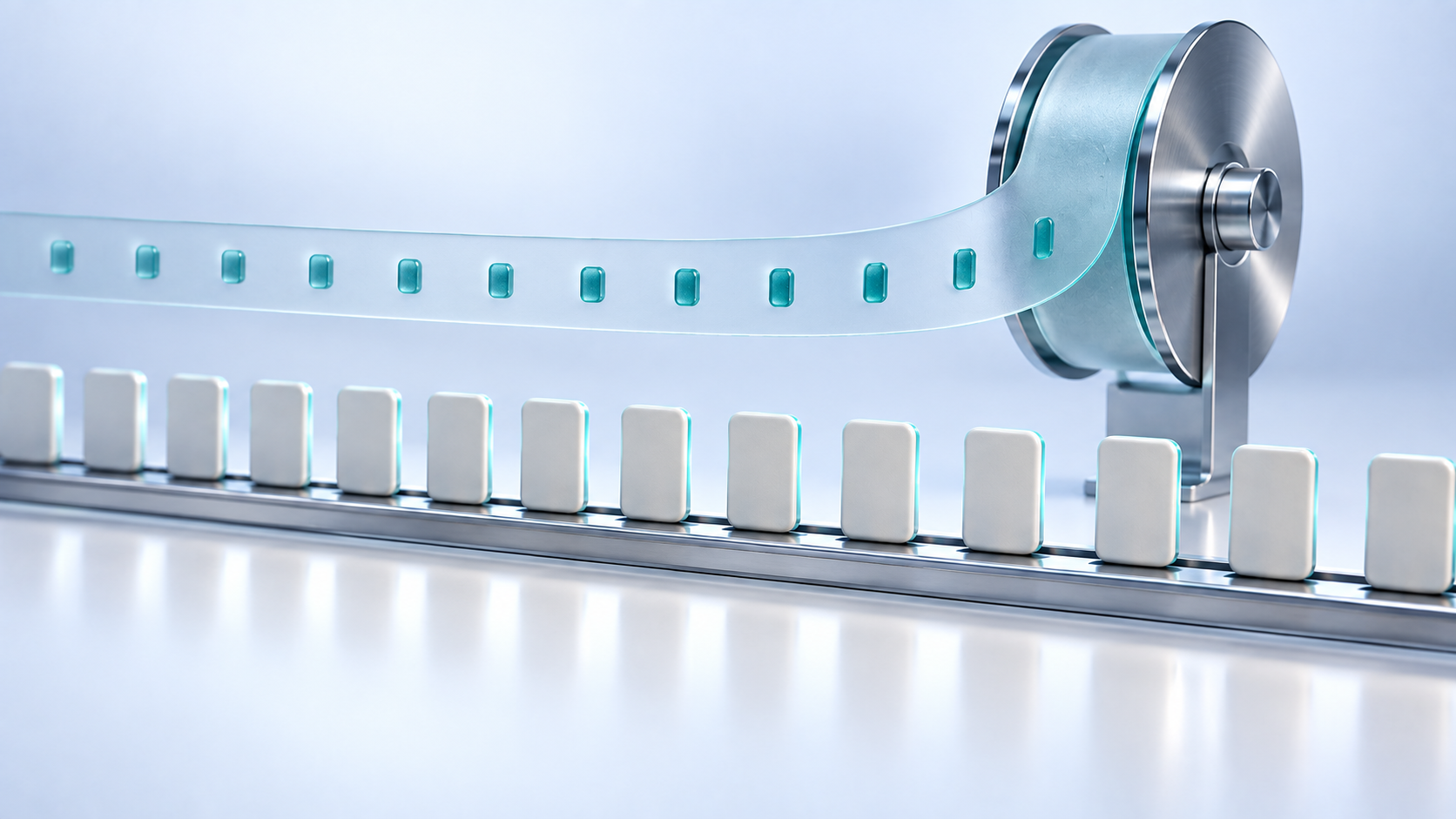 A frosted glass ribbon with evenly spaced raised teal marks unspools above a row of ceramic tokens.