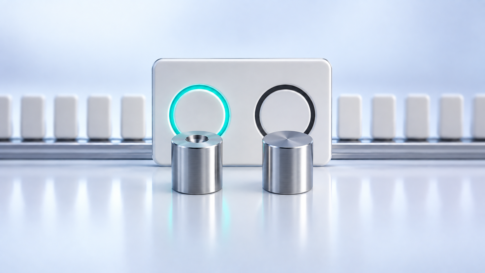 Two brushed-steel seals stand before a ceramic reader plate; the left ring glows teal and the right ring stays dark.