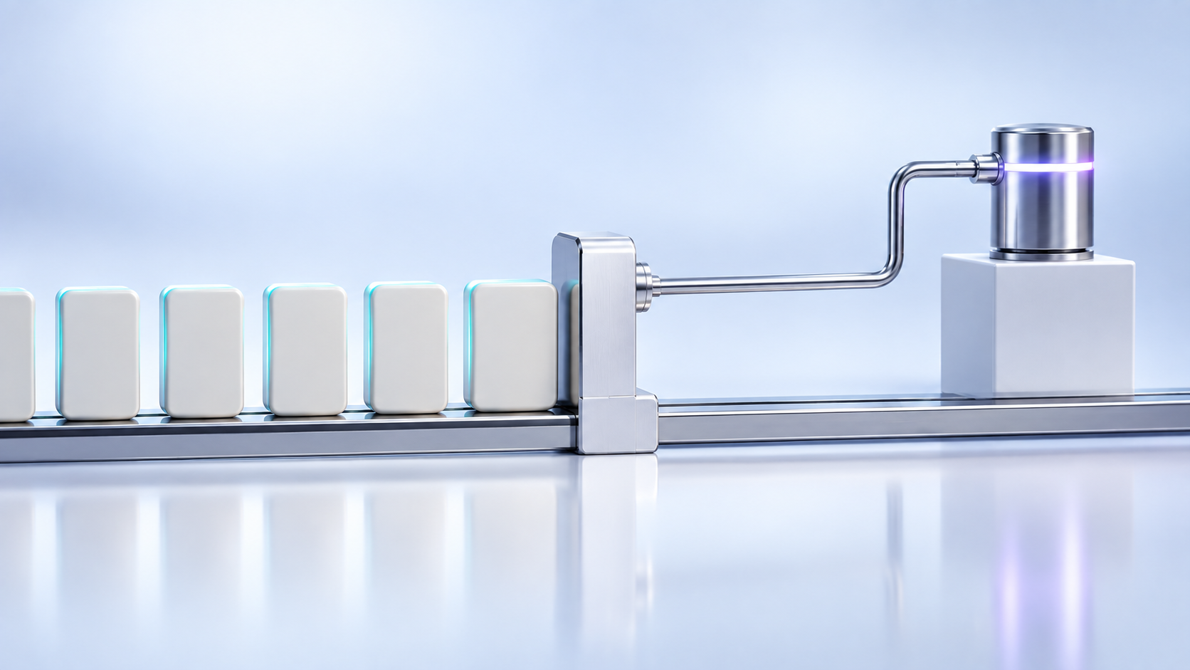 Ceramic tokens wait at a closed metal gate connected by a polished rod to a violet-lit steel cylinder.