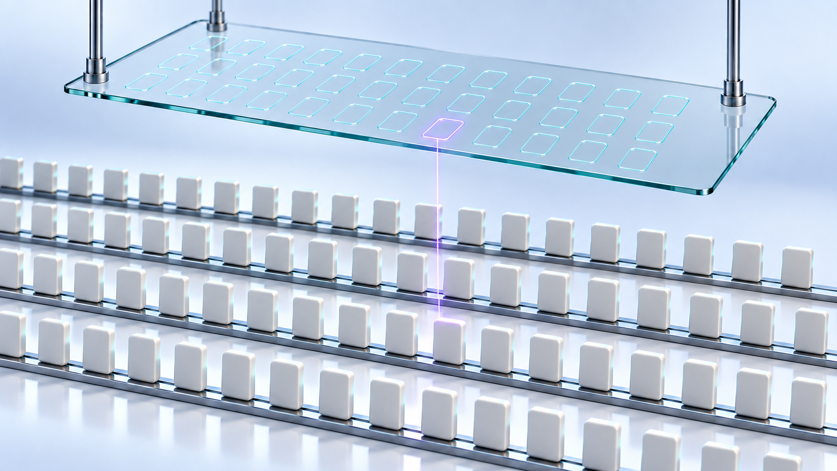 Four rows of ceramic tokens sit beneath etched contours on a suspended glass sheet, with one violet filament linking a contour to a token.