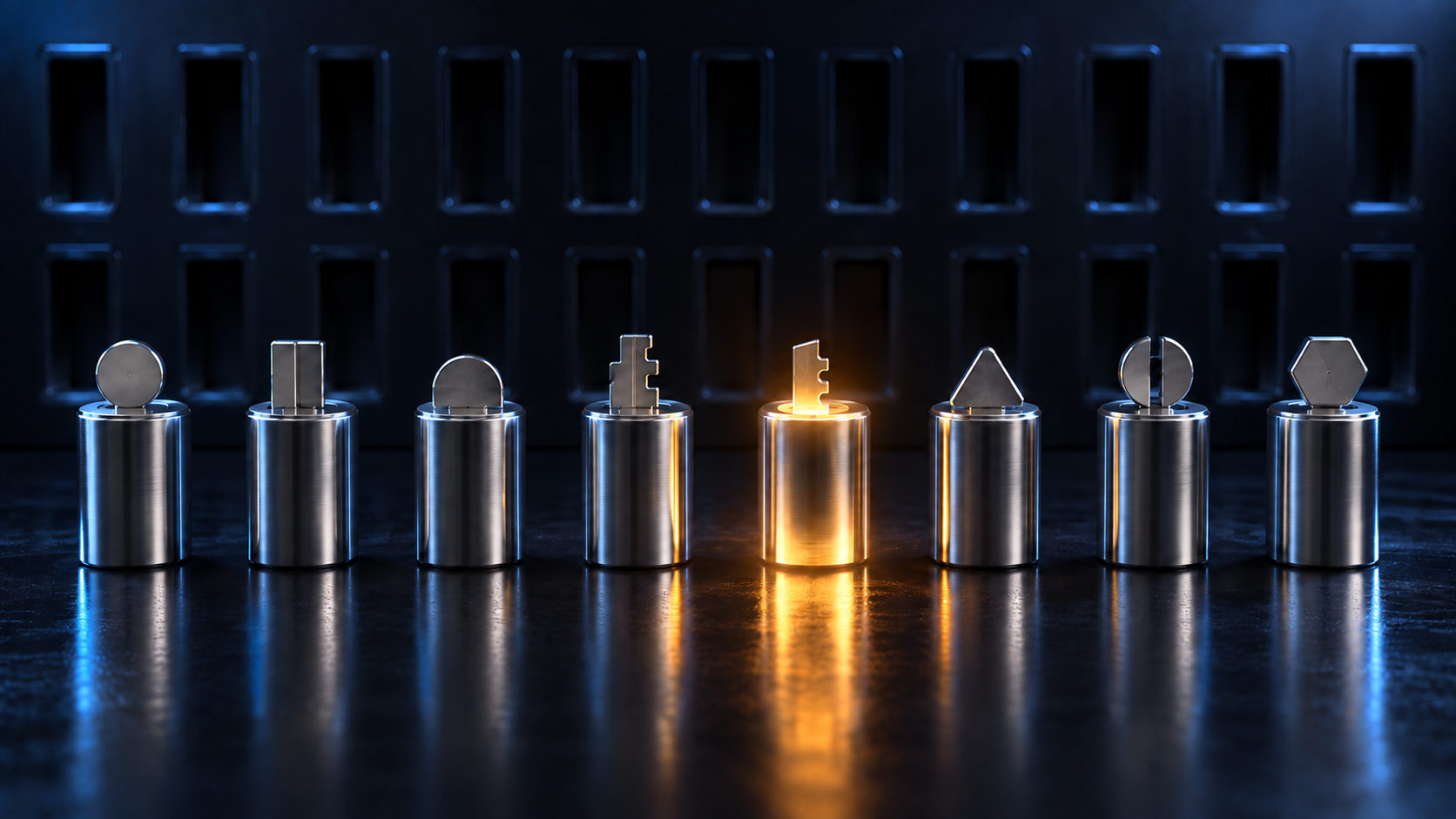 Eight steel cylinders have differently cut key profiles; one glows amber against a dark wall of recessed slots.