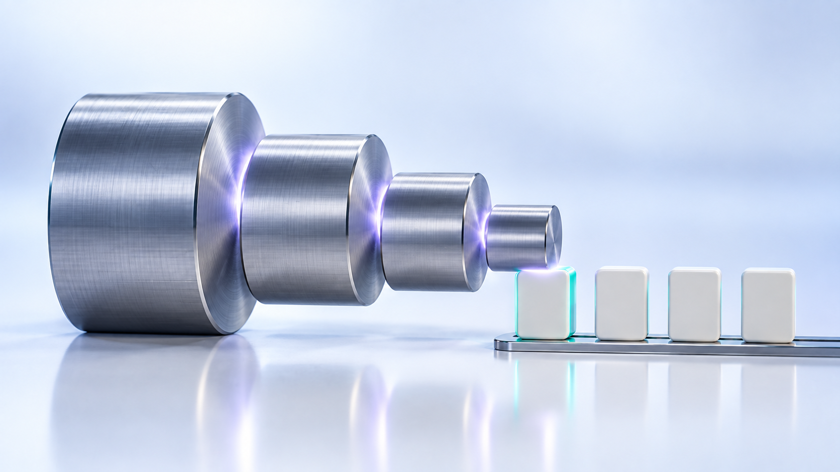 Four progressively smaller steel seals touch in a chain, ending at a teal-lit ceramic token on a rail.