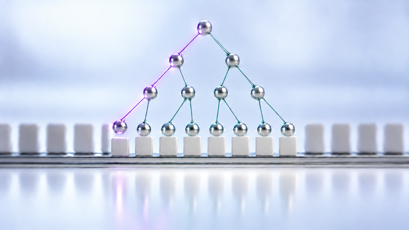 Polished spheres form an eight-to-four-to-two-to-one tree above a rail, with a violet path from a lifted base sphere to the apex.