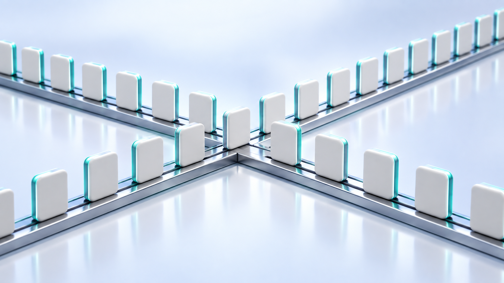 Two polished rails cross without a barrier, carrying evenly spaced white ceramic tokens with teal edges.