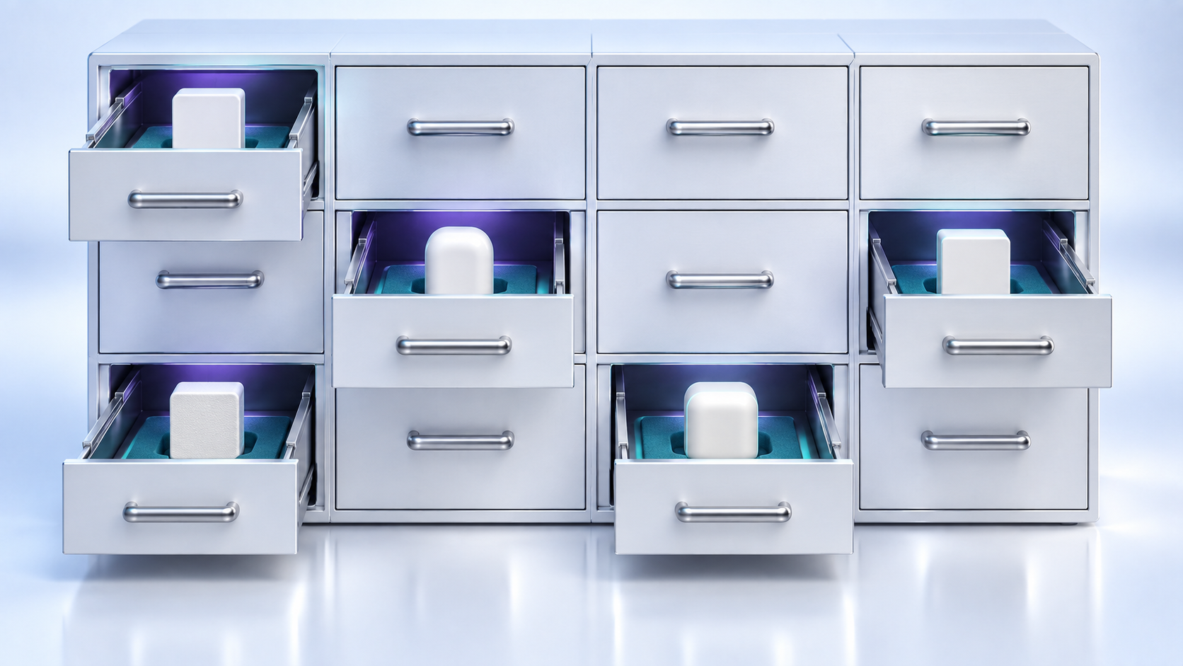 A bank of twelve white metal drawers has five open trays, each holding one ceramic token with a different finish or shape.