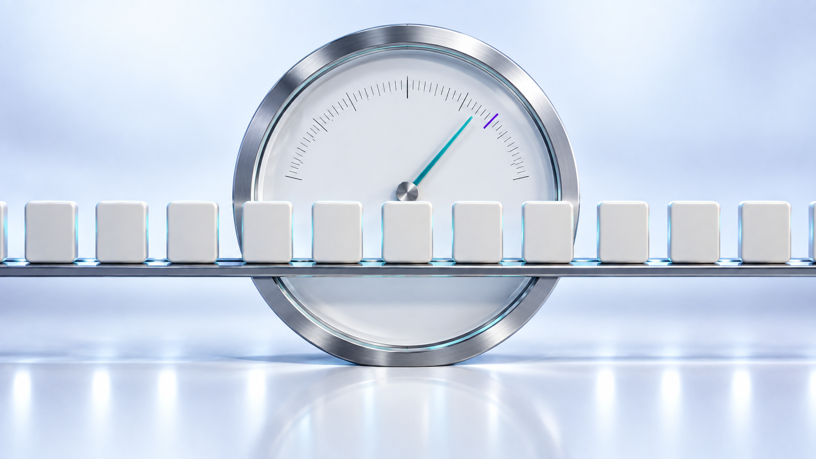 A large steel gauge with an unnumbered arc, teal needle and violet index mark stands behind a rail of white tokens.