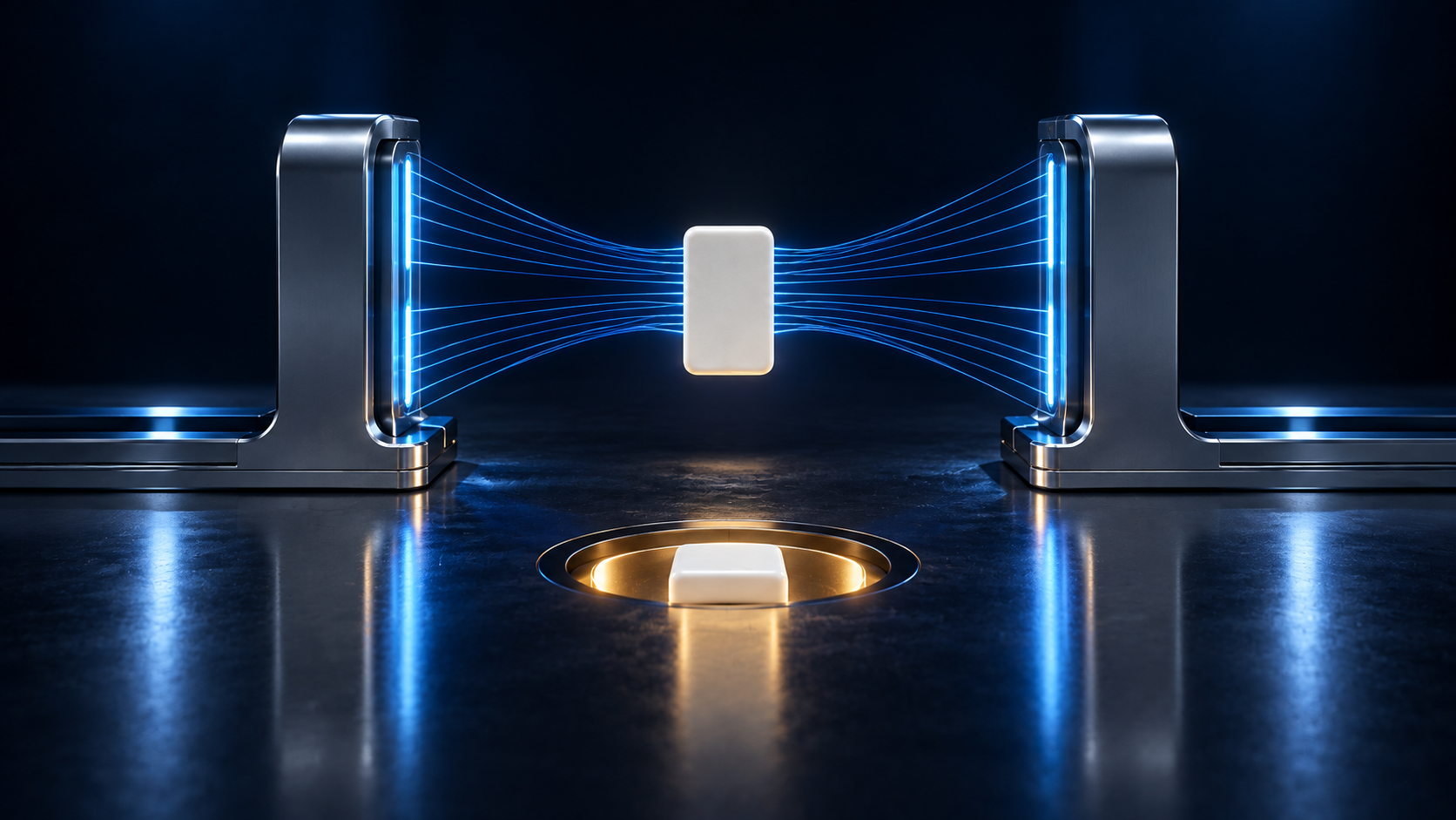 Blue filaments suspend a white token between two docking cradles above a duplicate seated in an amber-lit floor recess.