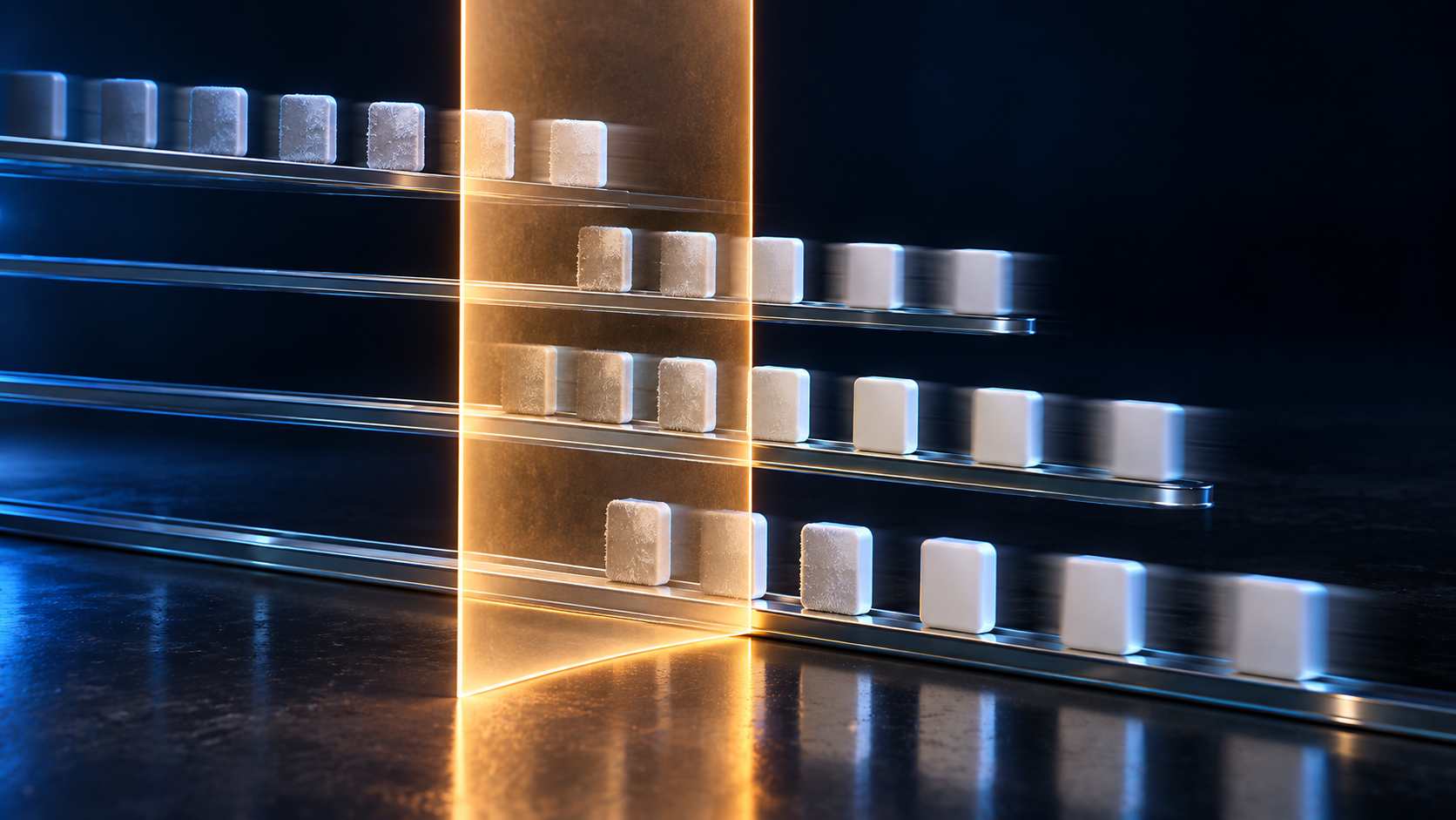 Four blue-lit rows of ceramic tokens meet an amber light plane, with frost on one side and motion blur on the other.