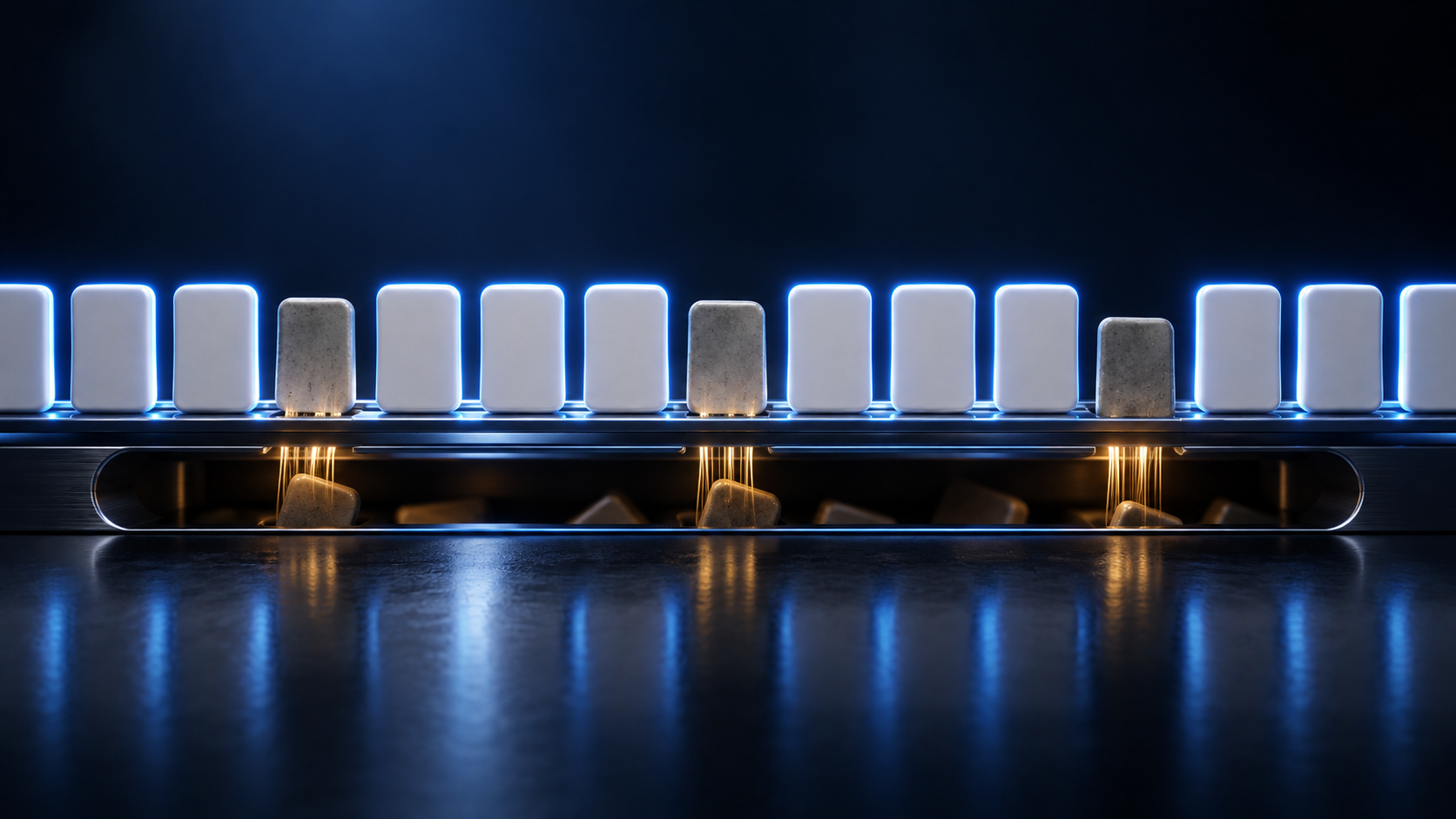 Spent grey tokens descend on amber threads into a recessed trough beneath a continuous blue-lit token rail.