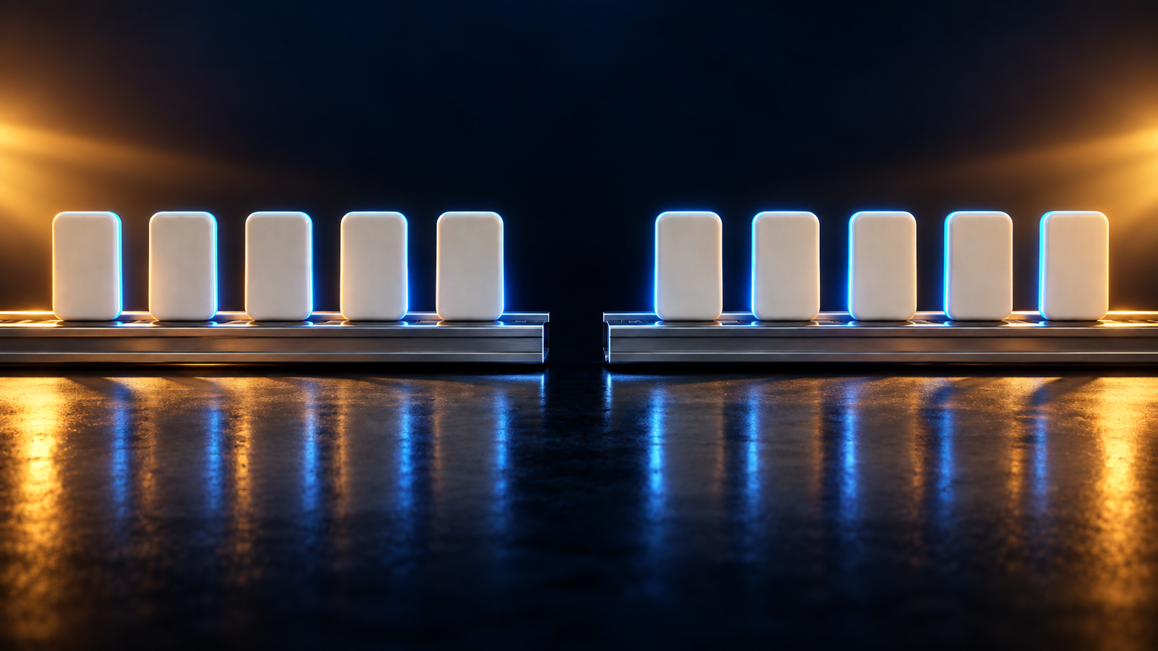 A dark gap severs a polished rail; both halves carry blue-edged white tokens under opposing amber lights.