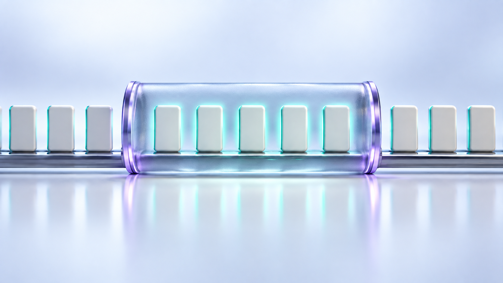 White ceramic tokens with teal edges pass through a frosted glass tube with violet rims on a polished rail.