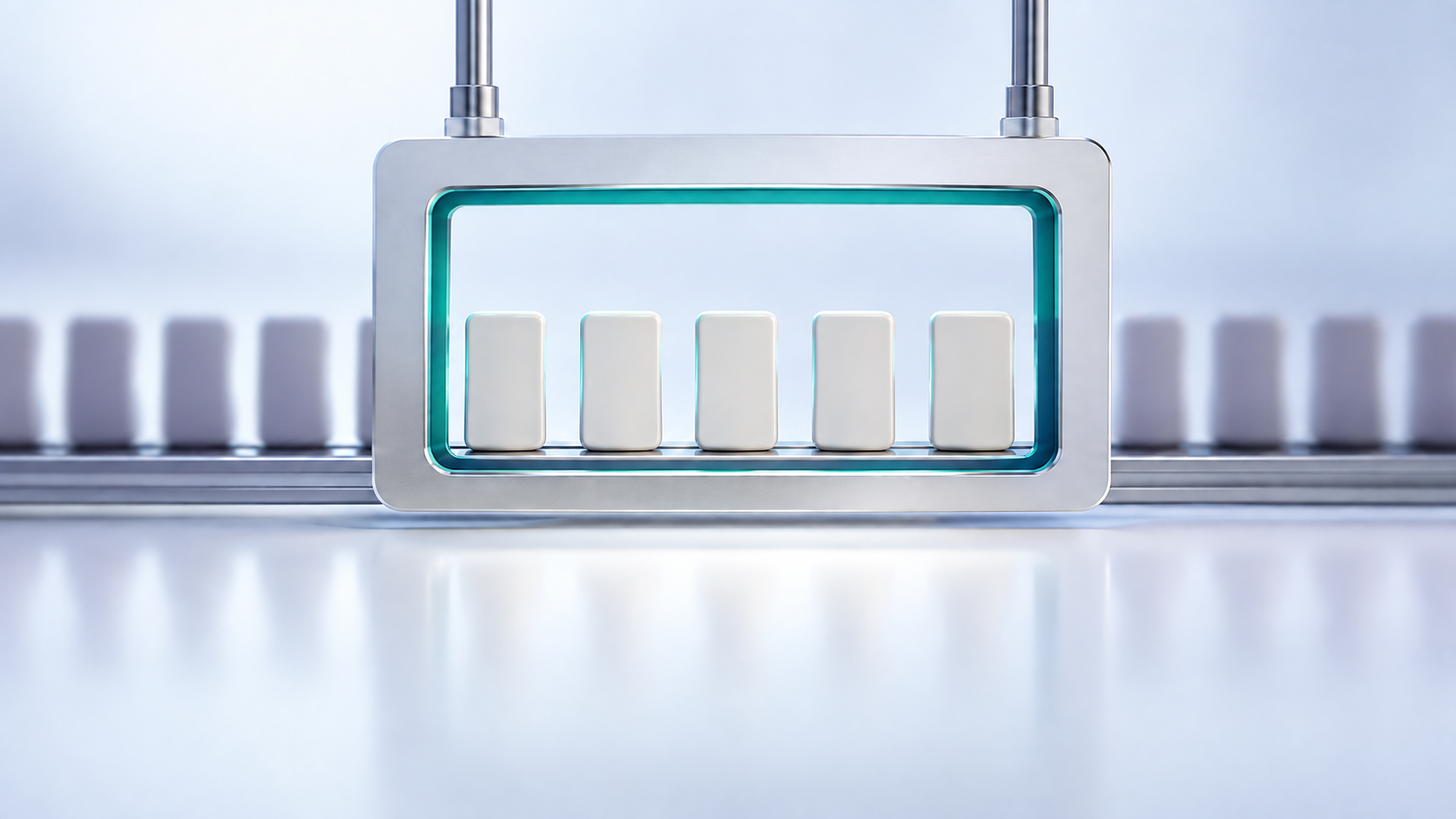 A white rectangular aperture frames five sharp ceramic tokens, while the surrounding row fades into violet blur.