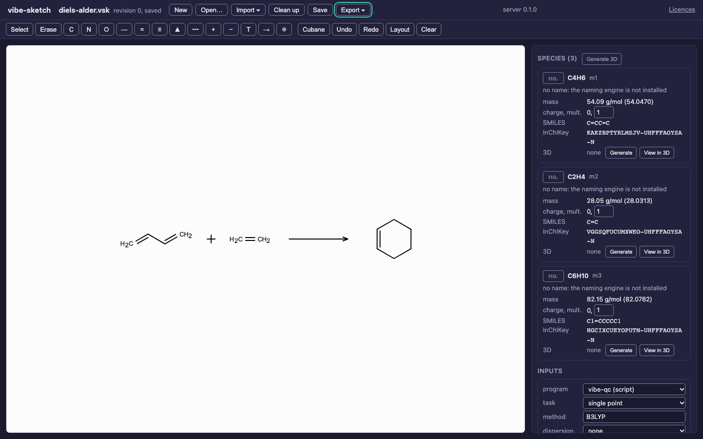 Diels–Alder drawing in the actual app with the compact drawing and edit controls.