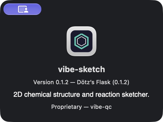 Native About dialog showing vibe-sketch version 0.1.2 and the release codename Dötz’s Flask.