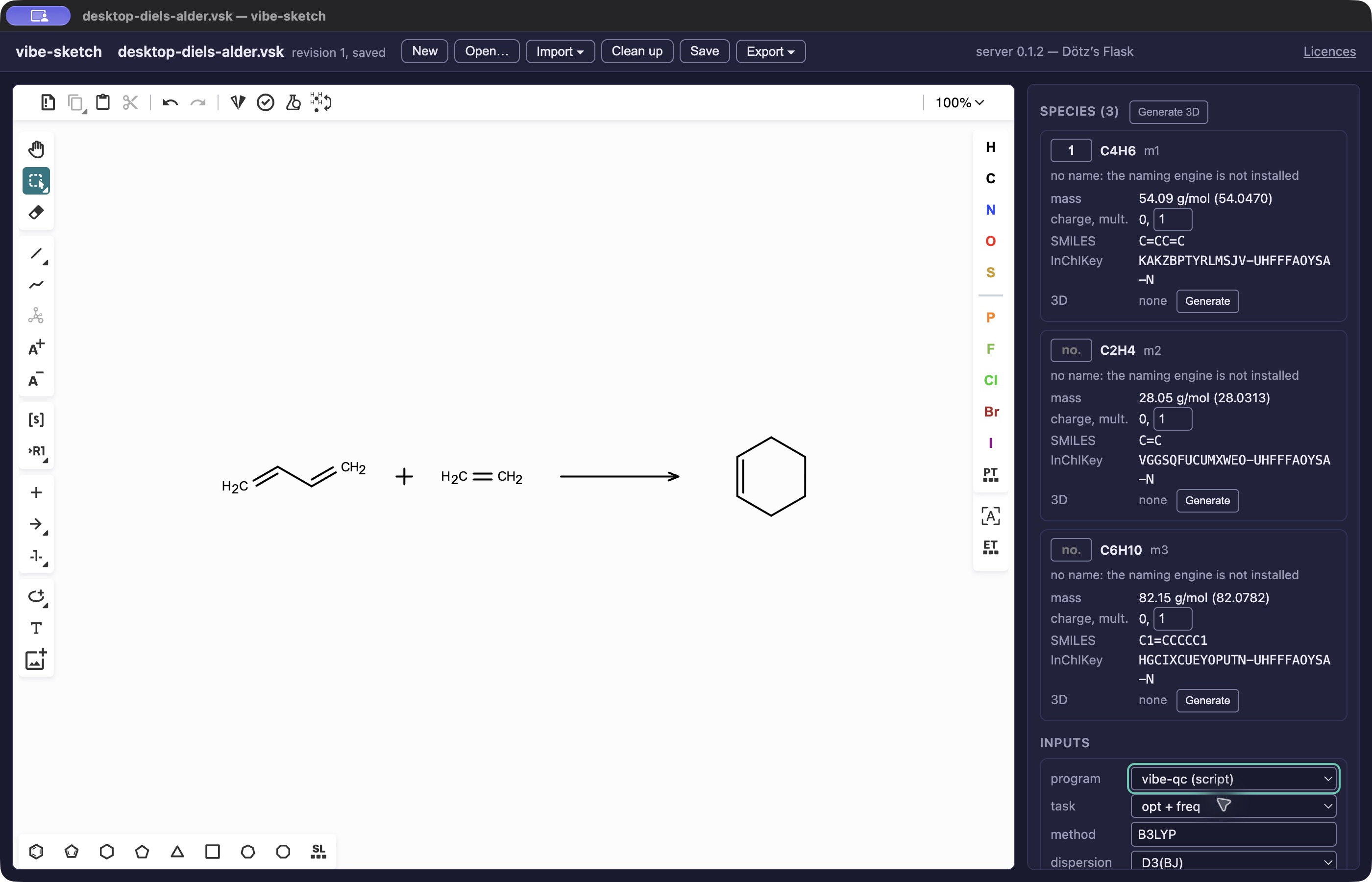 Actual packaged 0.1.2 Dötz’s Flask desktop displaying the saved Diels–Alder document with a compound number and vibe-qc selected.