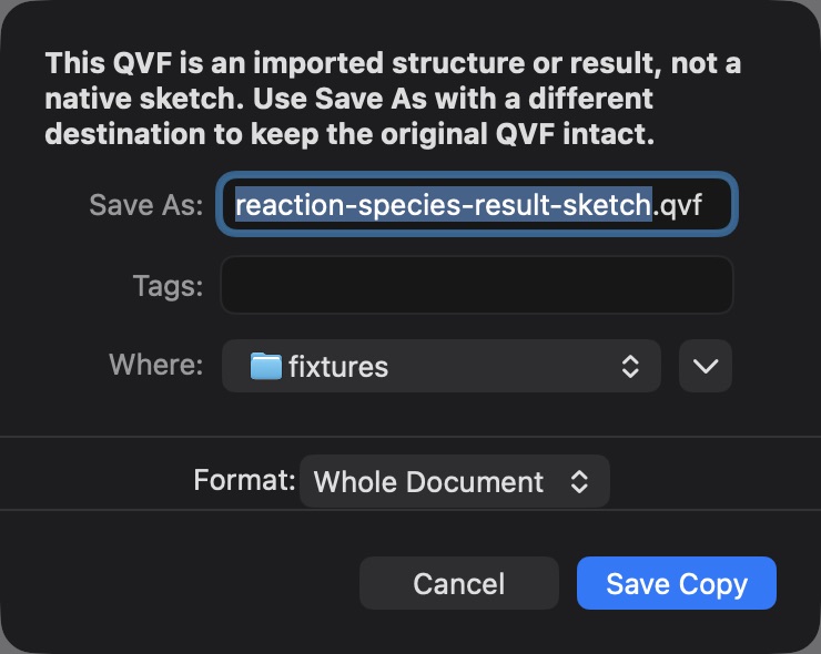 Actual native Save Sketch Copy dialog suggesting a different filename for an imported vibe-qc result.