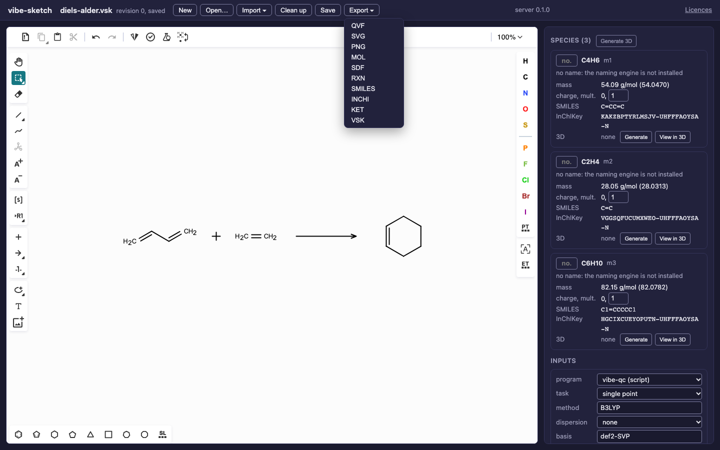 Export menu in the real Diels–Alder document, offering SVG, PNG and chemistry exchange formats.