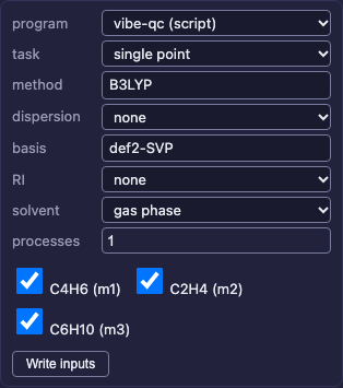 Diels–Alder species selected in the actual vibe-qc Inputs form for a three-file single-point batch.
