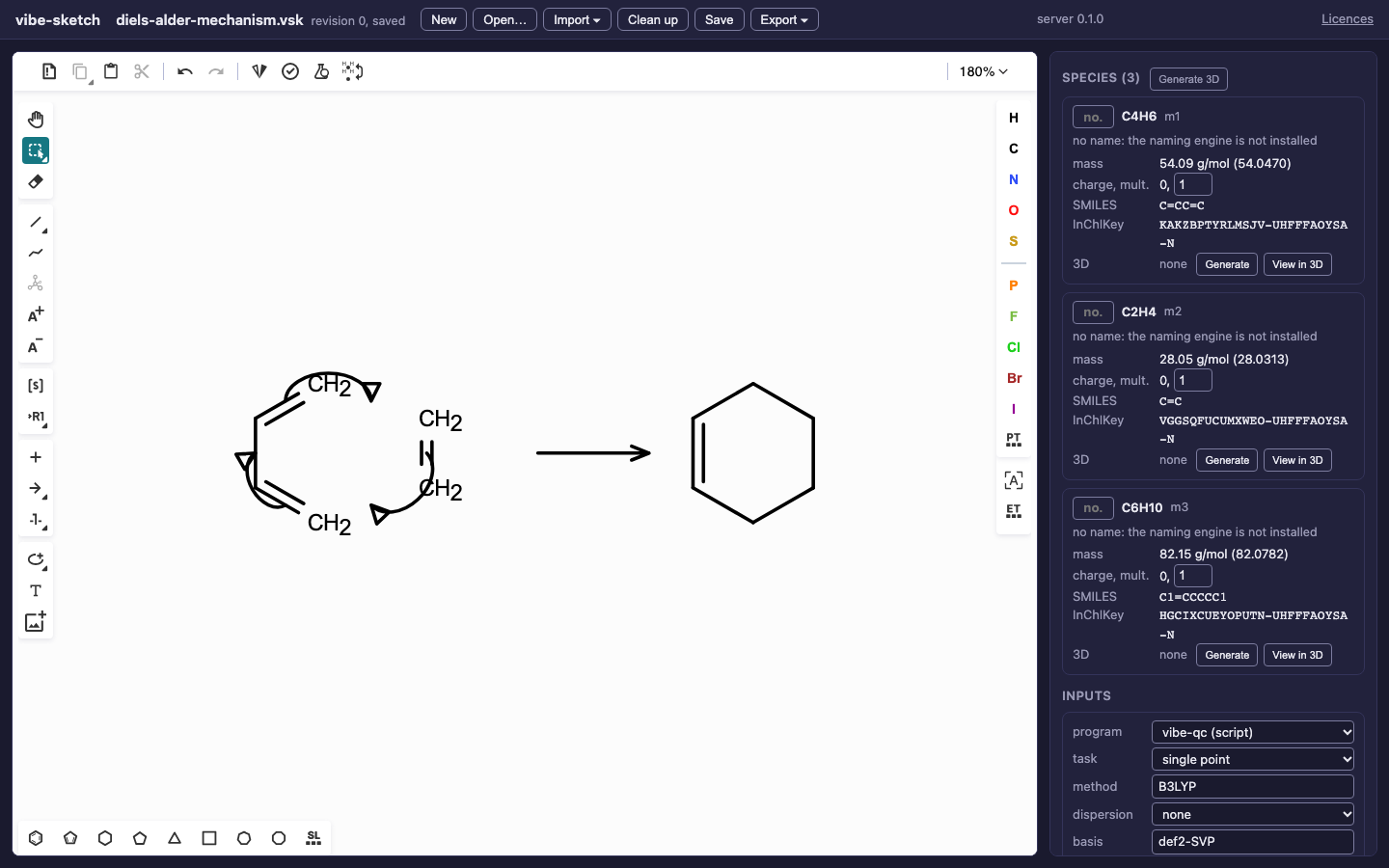 Actual Diels–Alder mechanism drawing with an s-cis diene, ethene and three full-headed curved arrows for concerted electron-pair movement.