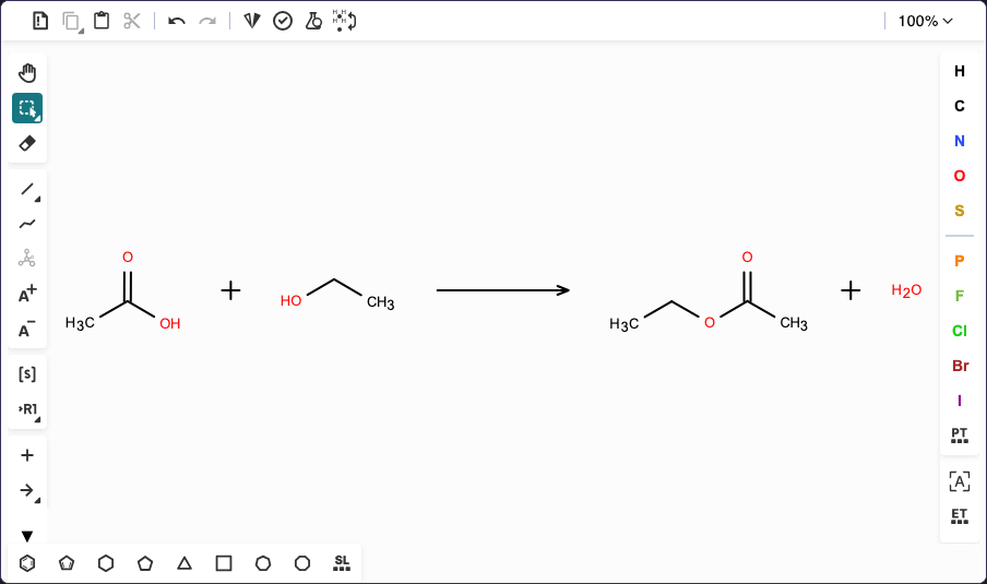 Canvas showing acetic acid plus ethanol, a forward reaction arrow, and ethyl acetate plus water.