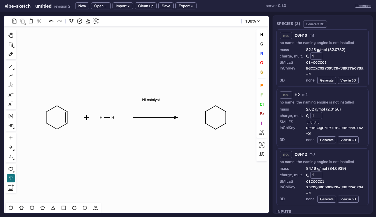 The actual drawing app showing cyclohexene plus H–H, a forward arrow labelled Ni catalyst, and cyclohexane. The properties panel lists three species.