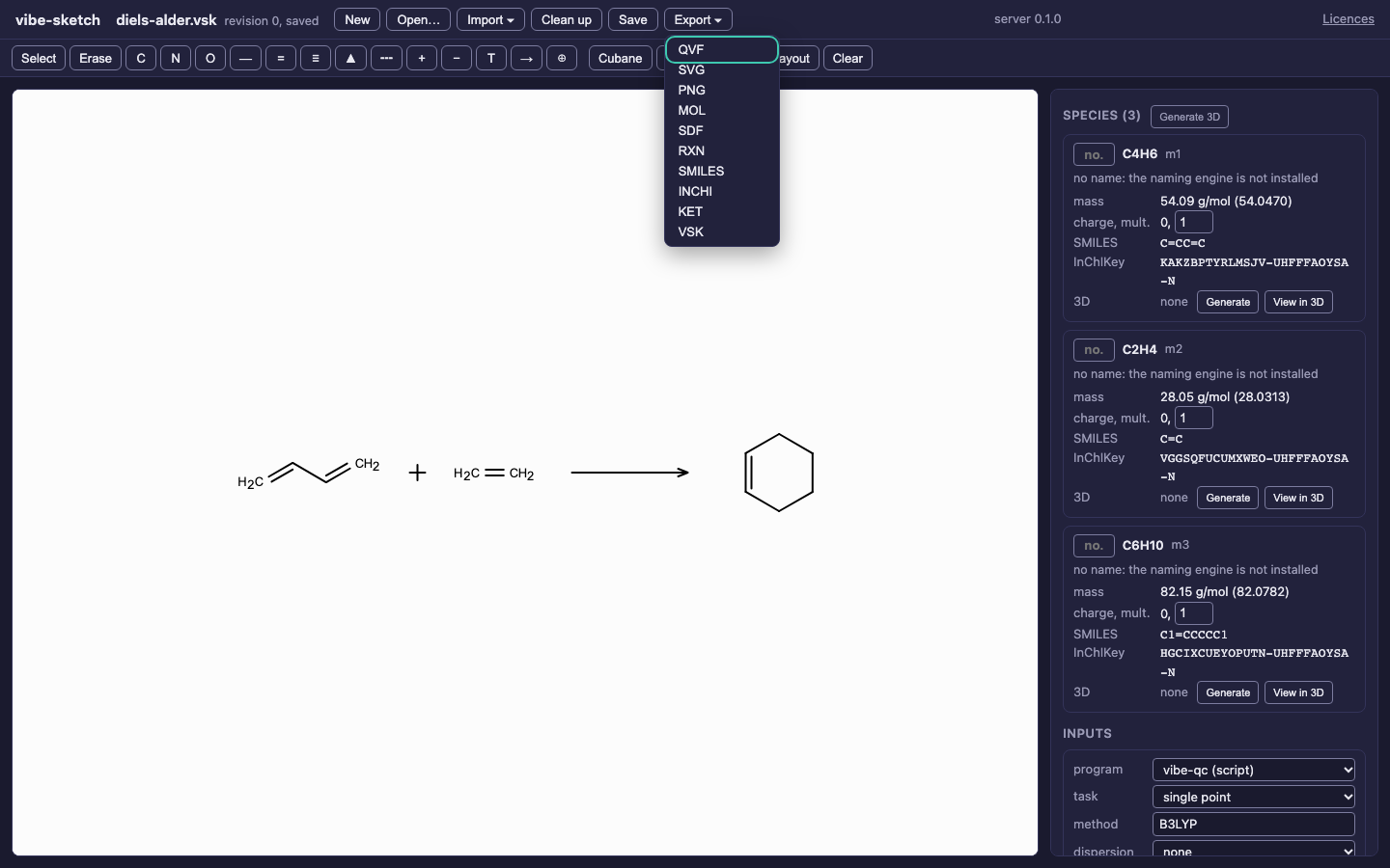 Actual compact-palette browser with the Export menu opened by the keyboard and its first entry focused.