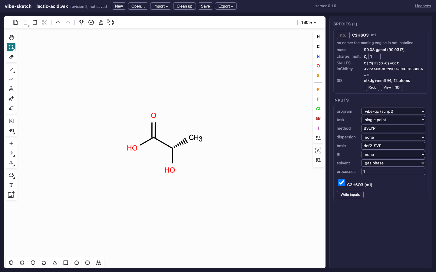 Lactic acid in the browser with a species-card entry reporting twelve atoms and the ETKDG plus MMFF94 geometry method.