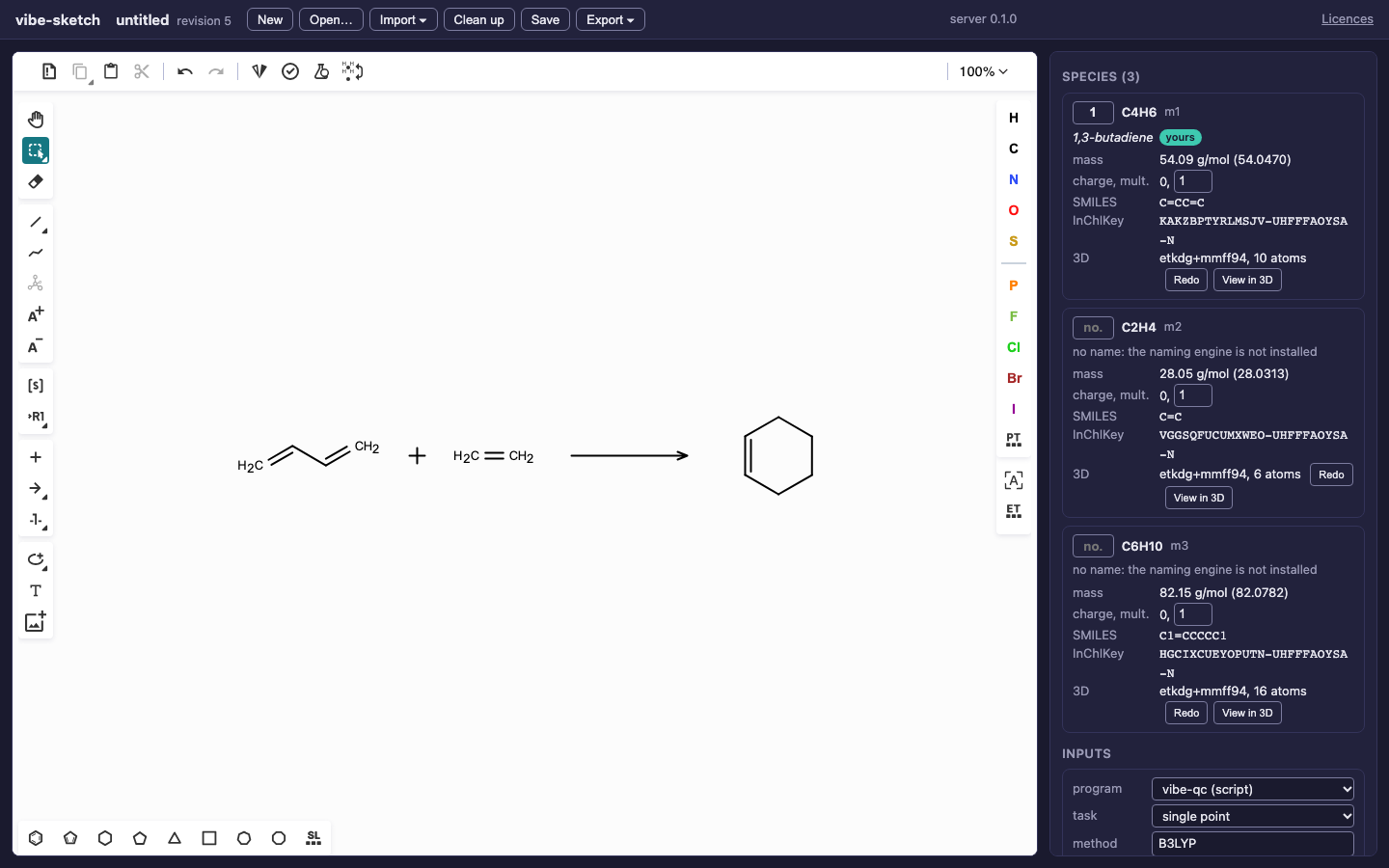 Diels–Alder document in the real browser after the downloadable MCP client adds labels, a user name and 3D geometries.
