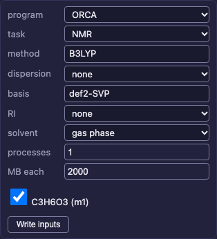 Optional ORCA input form with NMR selected for the prepared lactic-acid geometry.