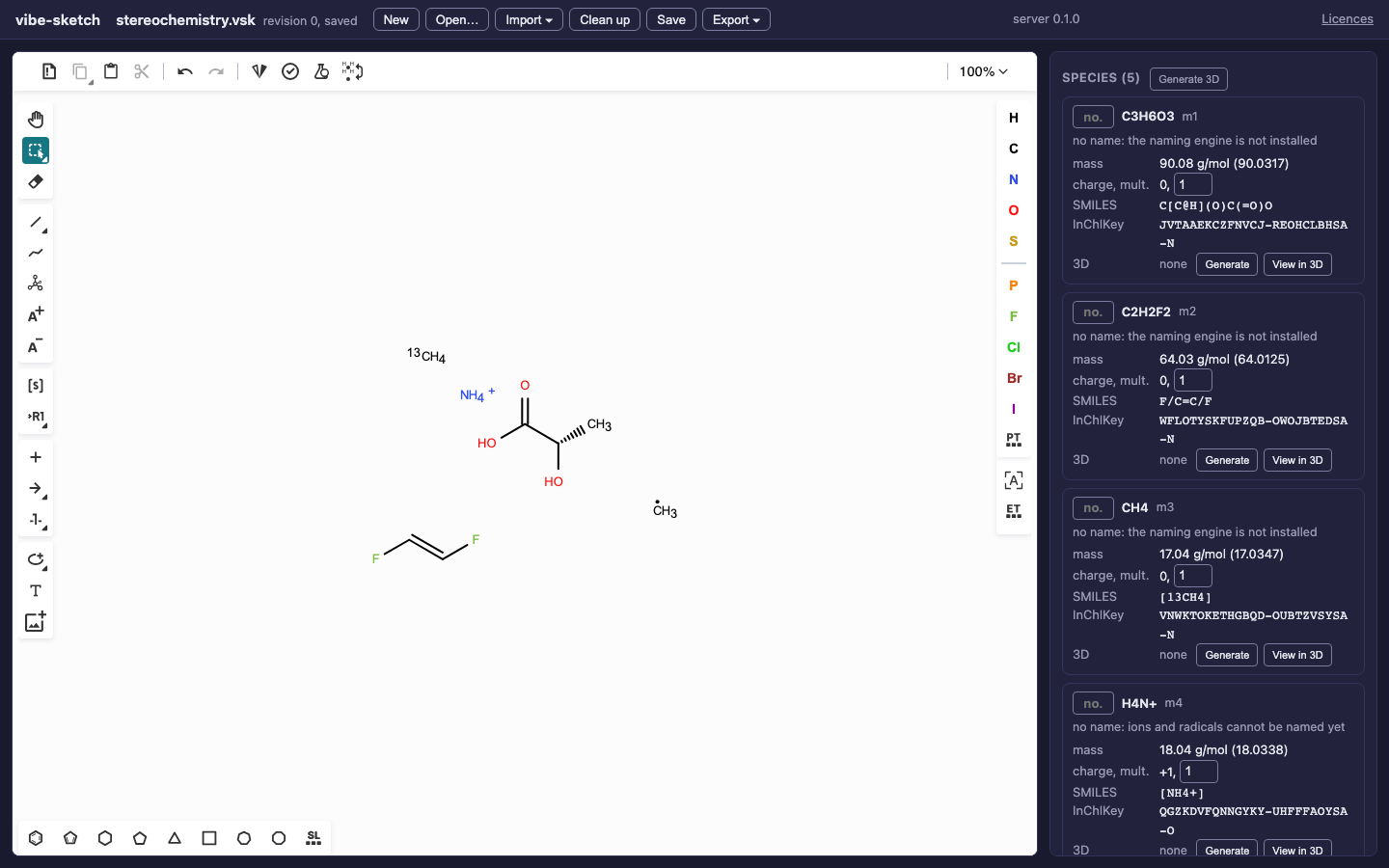 A real sketch containing a wedge-bearing lactic acid, E difluoroethene, carbon-13 methane, ammonium and methyl radical.
