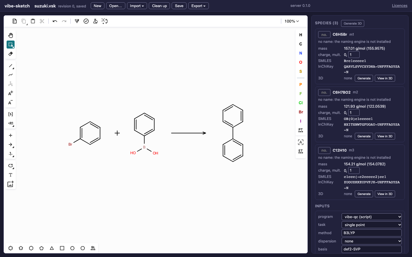 Actual Suzuki coupling teaching sketch with bromobenzene, phenylboronic acid and biphenyl.