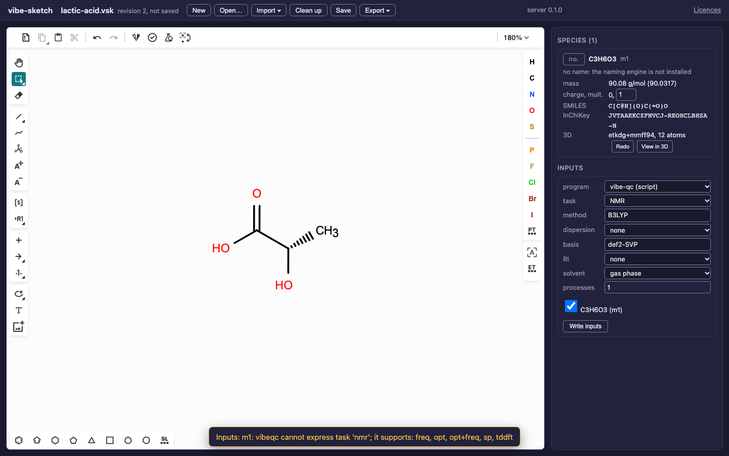 Actual app message explaining that the vibe-qc writer cannot express the NMR task.