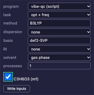 The actual Inputs panel set to vibe-qc, B3LYP, def2-SVP and optimisation followed by frequencies.