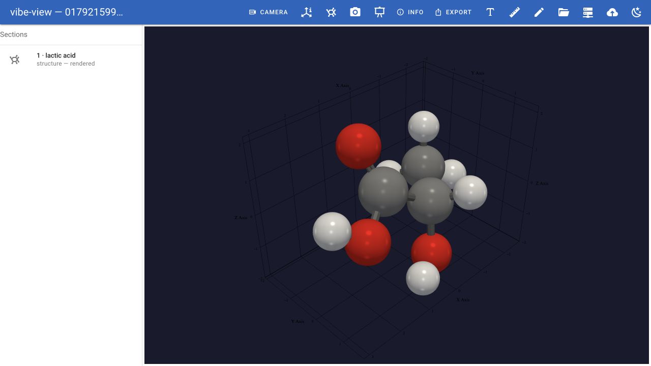 Actual vibe-view displaying the twelve-atom lactic-acid geometry handed off from vibe-sketch on a separate local port.
