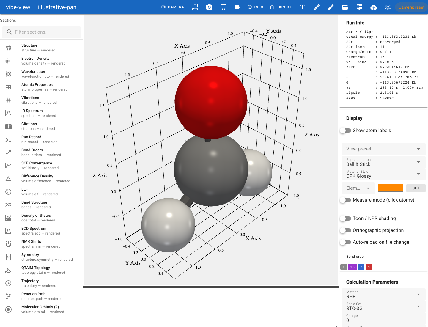 Formaldehyde displayed as red oxygen, grey carbon and white hydrogen atoms in the browser structure view.
