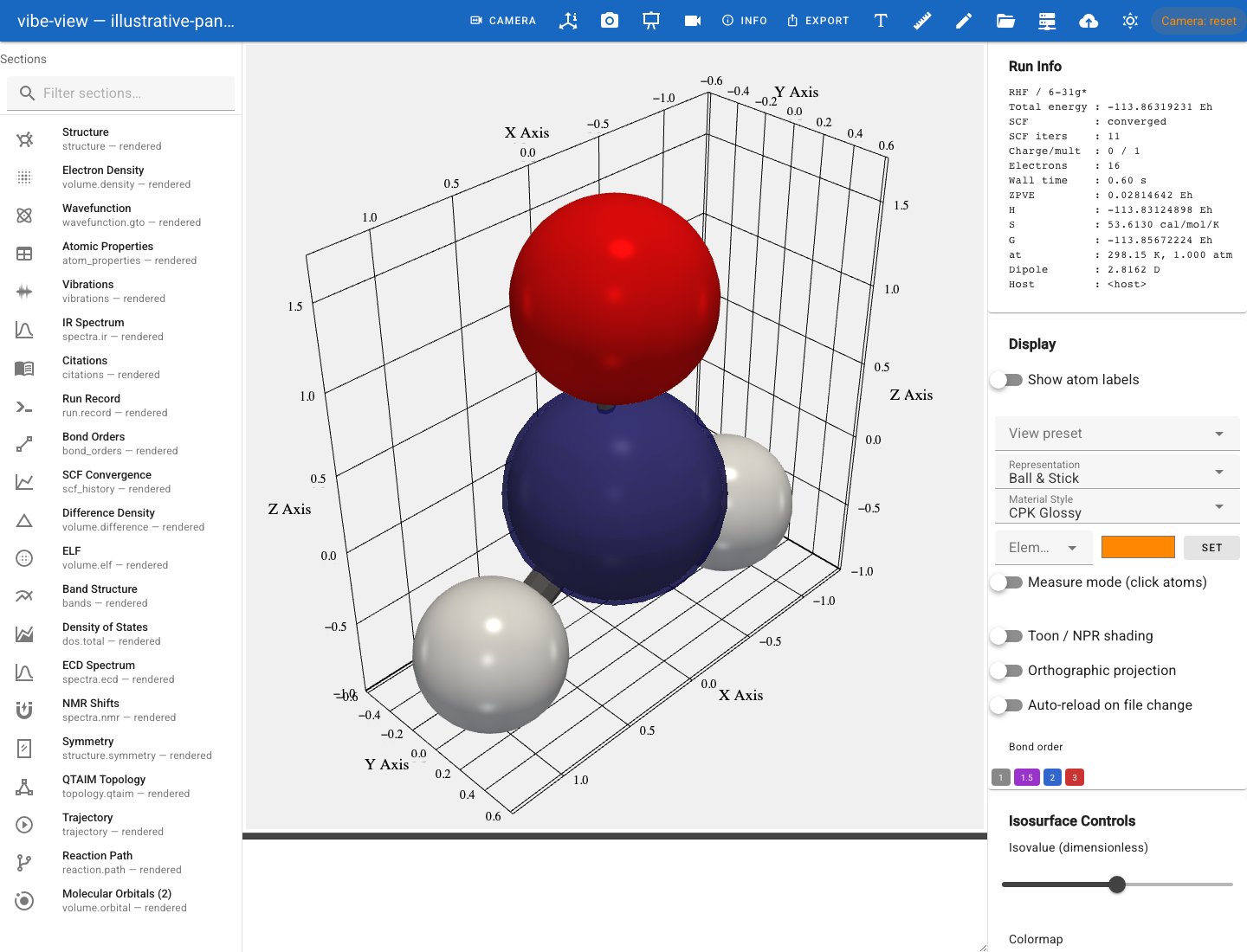 An illustrative electron-localization field displayed as an isosurface, with its threshold controls.