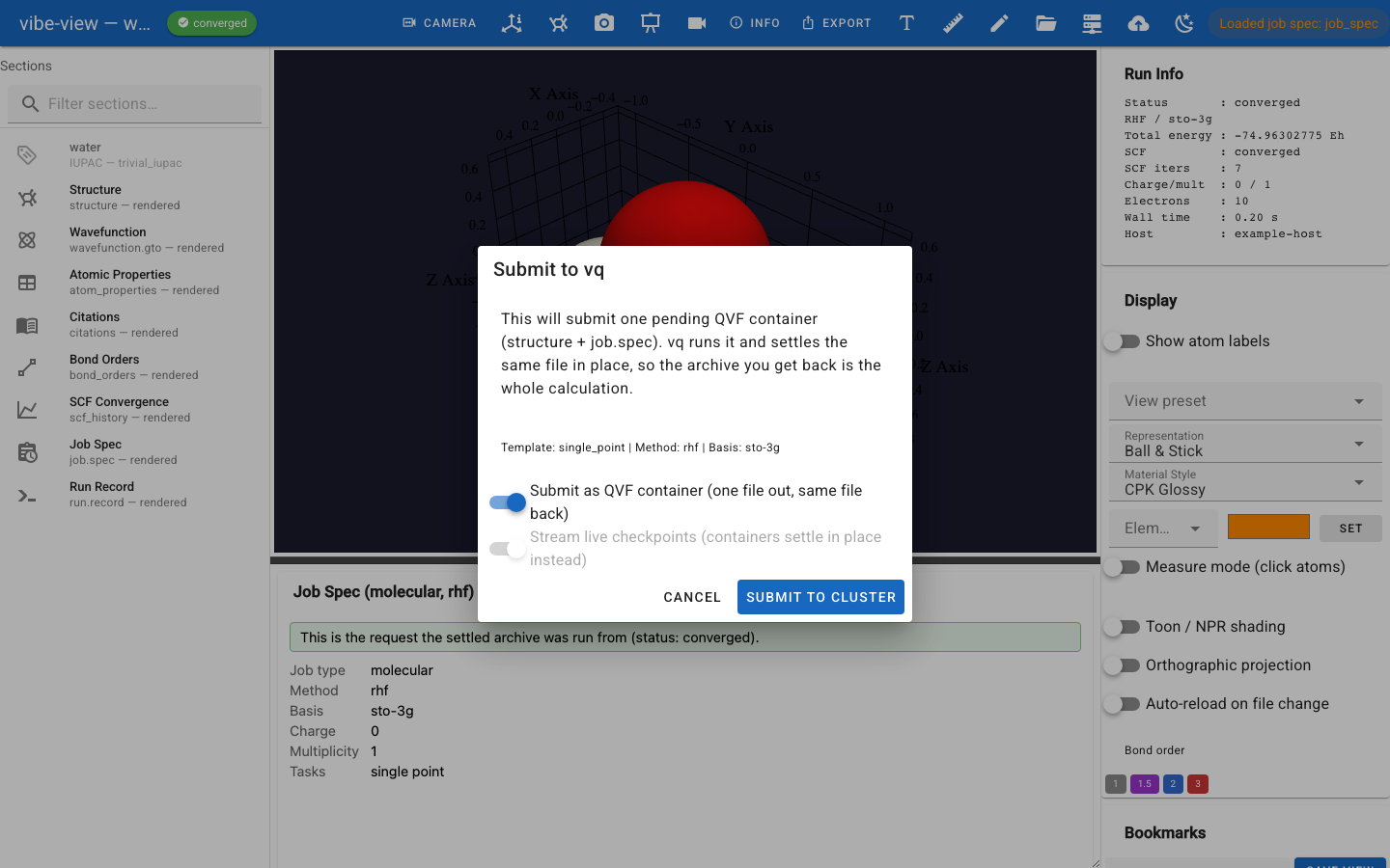 A QVF job container in the submission interface, with calculation settings and queue controls.