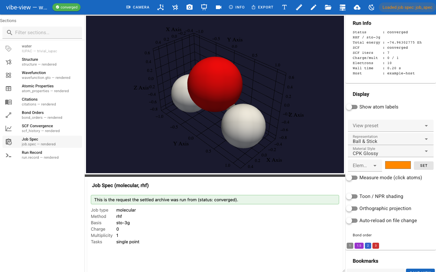 A completed QVF job container with its result sections available in the viewer.