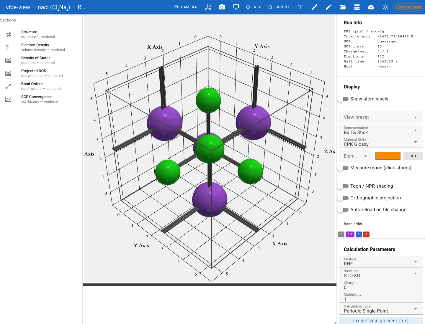 A periodic NaCl unit cell in the browser, with sodium and chlorine atoms and cell controls.