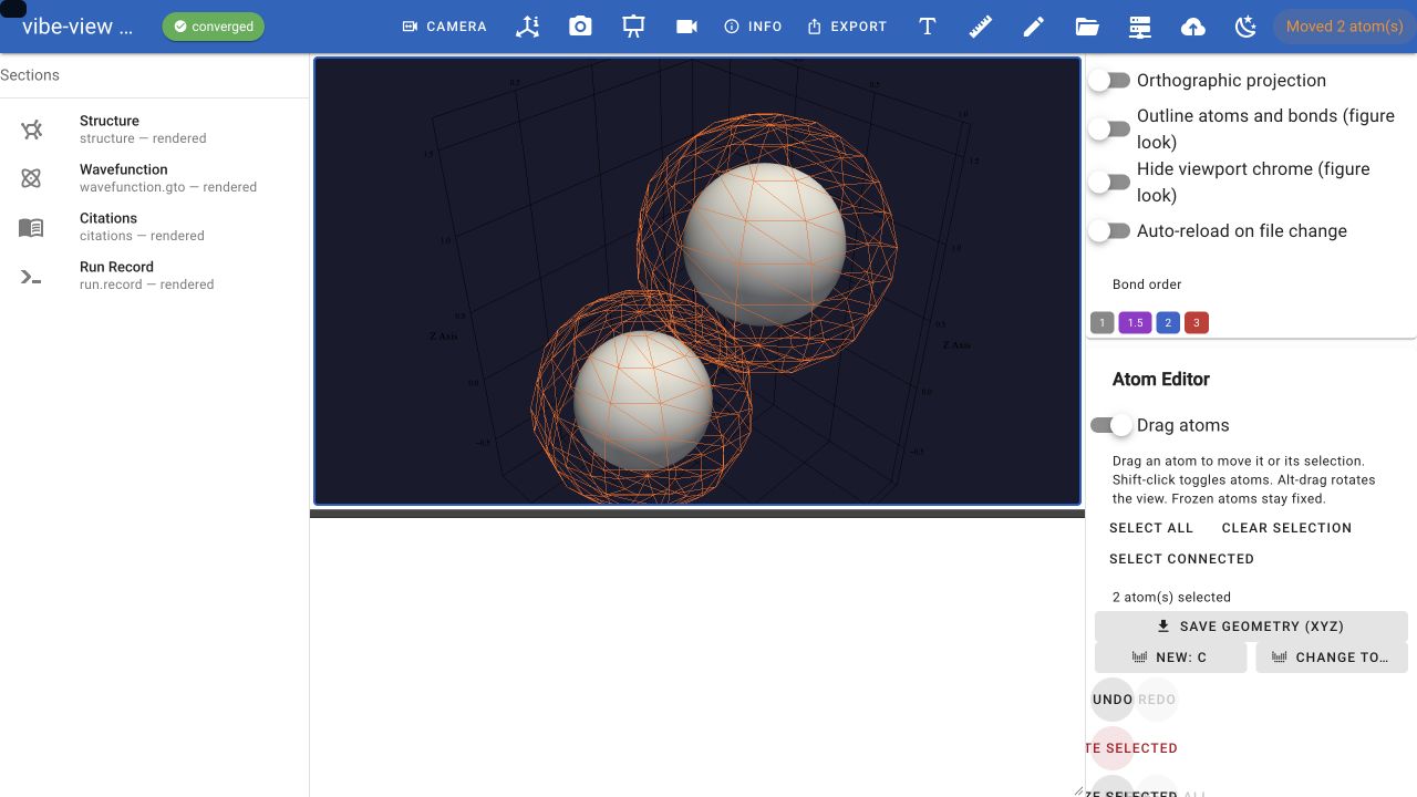 Two selected atoms translated together with Drag atoms enabled.